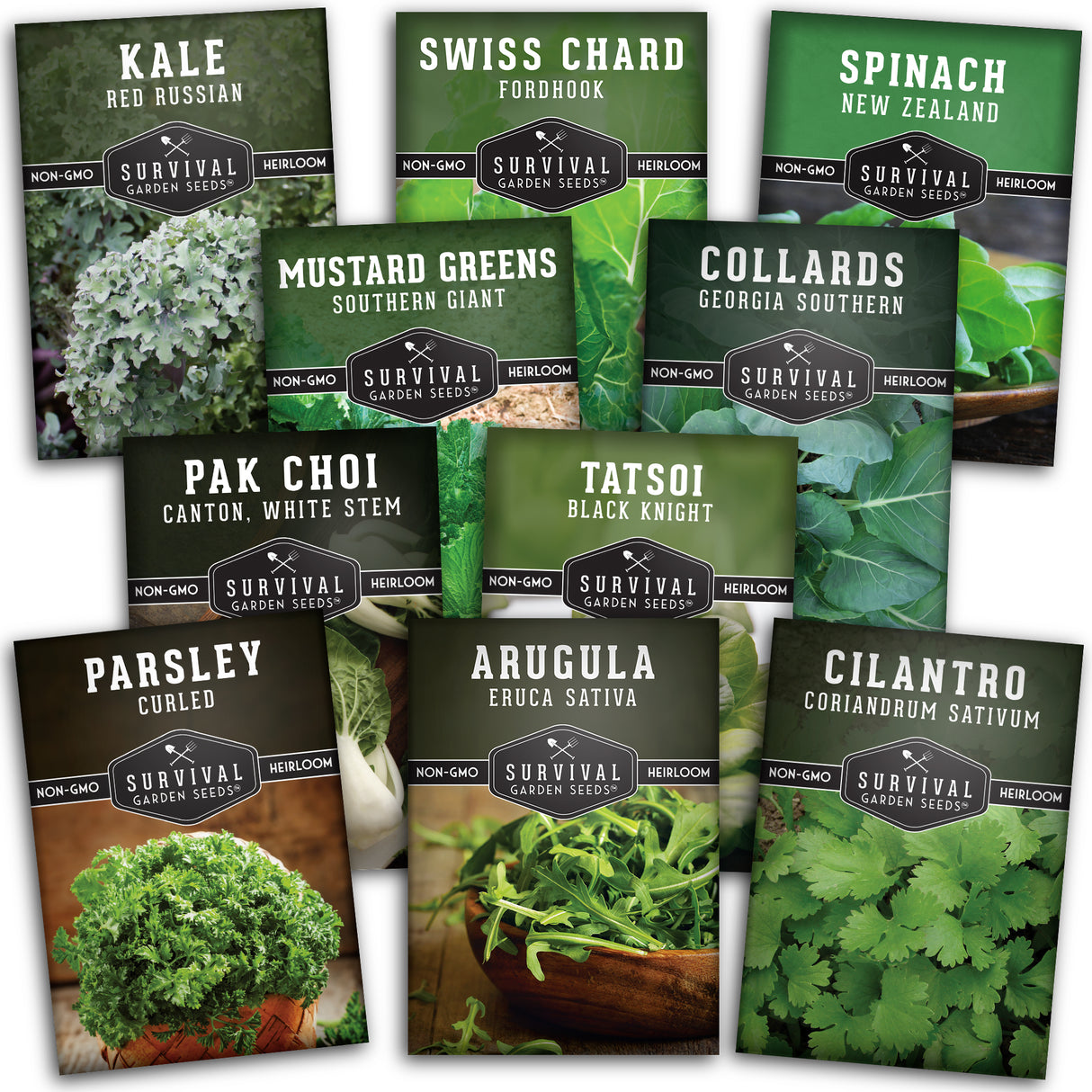 Collection of Survival Garden Seeds packets with various green vegetables on a white background