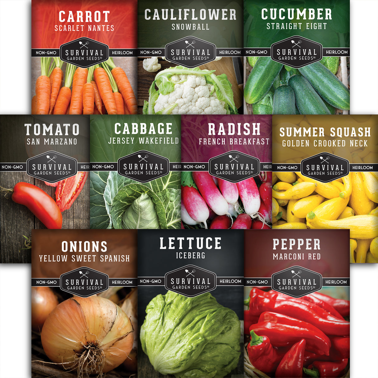 Collection of Survival Garden Seeds packaging for various vegetables with images and names.