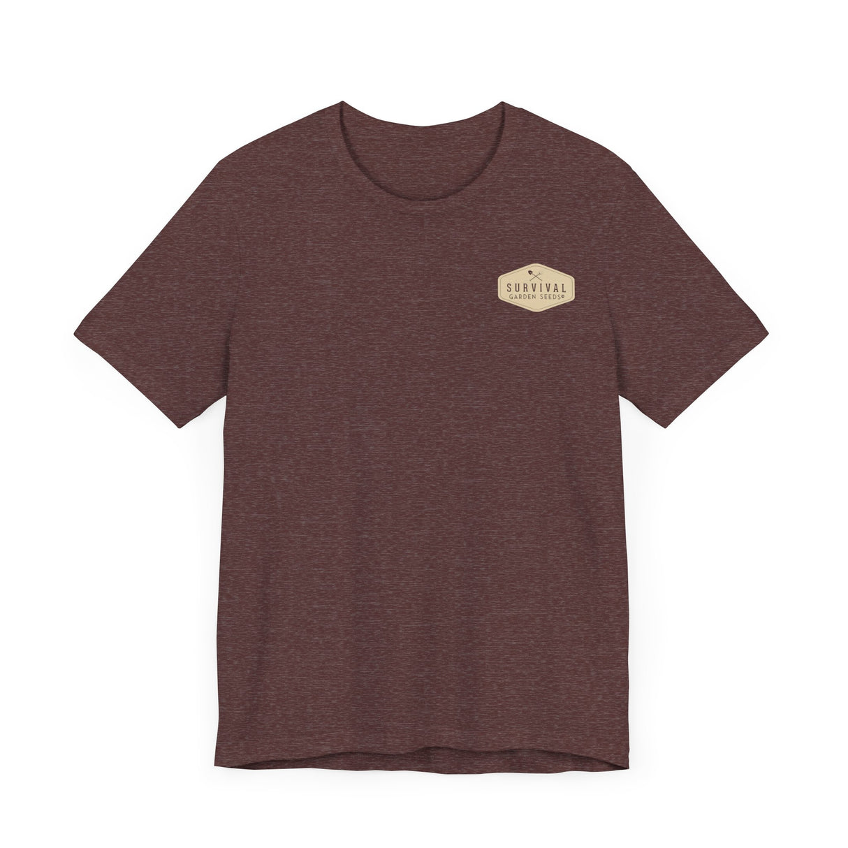 Get Back to Your Roots, Plant Native Tee - shirt front with Survival Garden Seeds logo - Heather Maroon