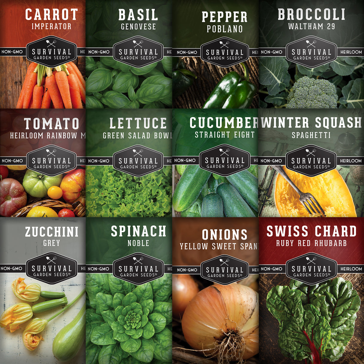 Grid of vegetable seed packets with images and names on a black background