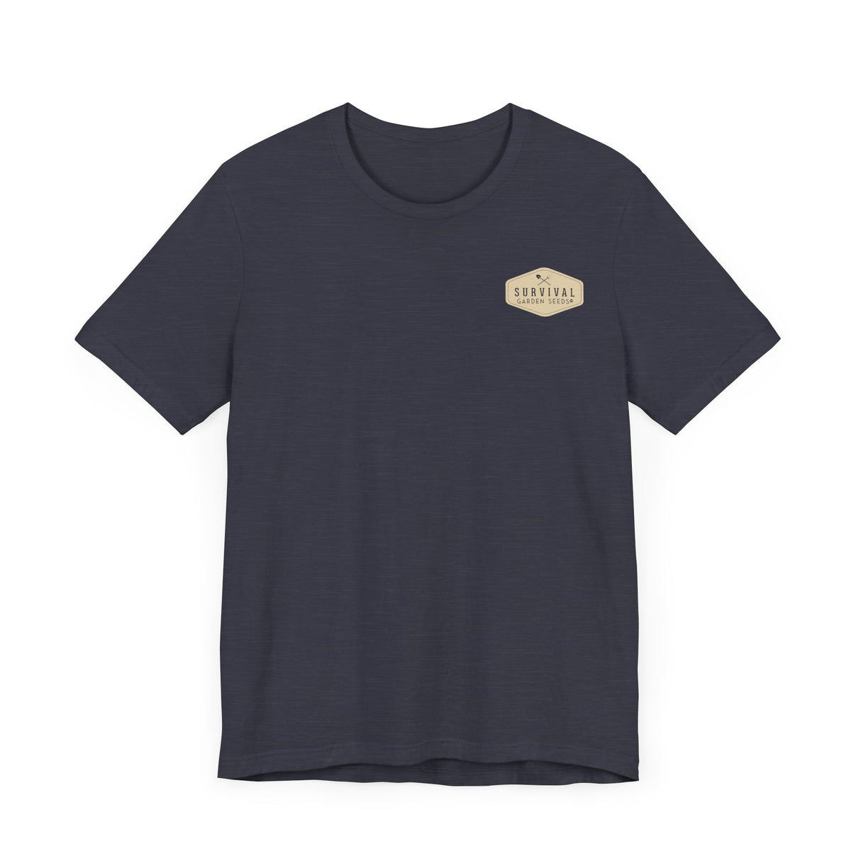 Get Back to Your Roots, Plant Native Tee - shirt front with Survival Garden Seeds logo - Heather Midnight Navy