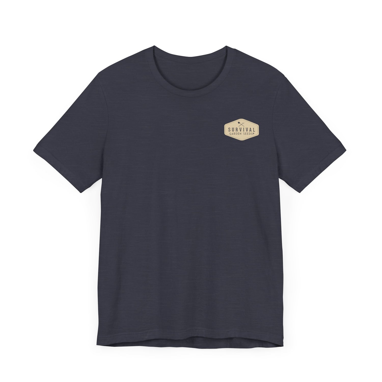 Get Back to Your Roots, Plant Native Tee - shirt front with Survival Garden Seeds logo - Heather Midnight Navy
