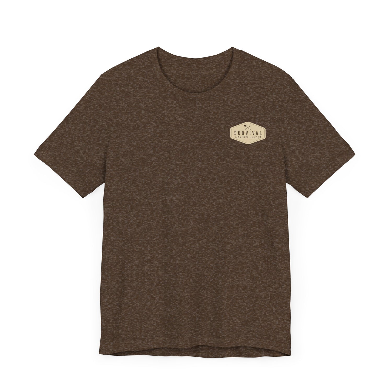 Get Back to Your Roots, Plant Native Tee - shirt front with Survival Garden Seeds logo - Heather Brown