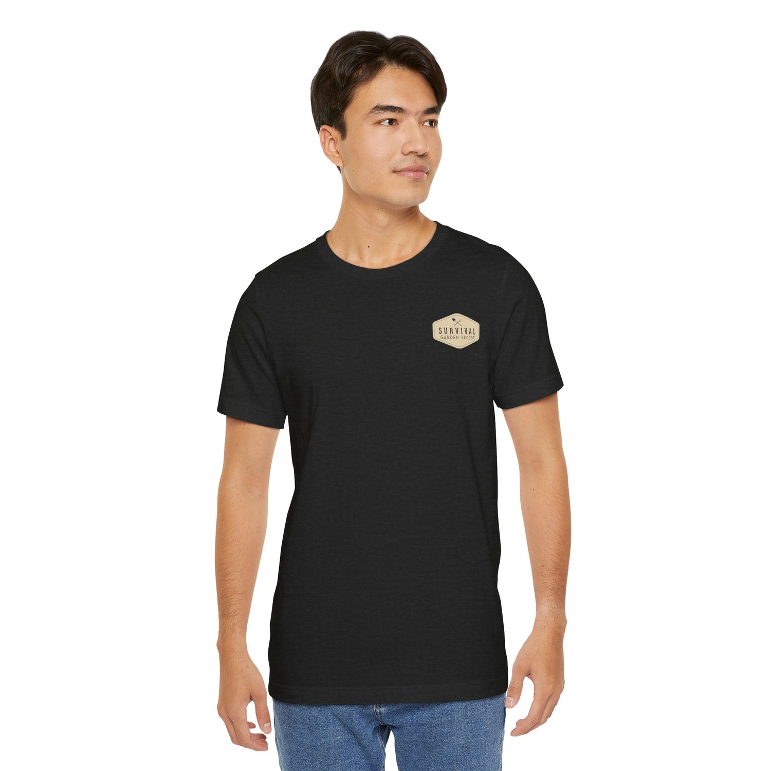 Get Back to Your Roots, Plant Native Tee - shirt front with Survival Garden Seeds logo on male model - Heather black