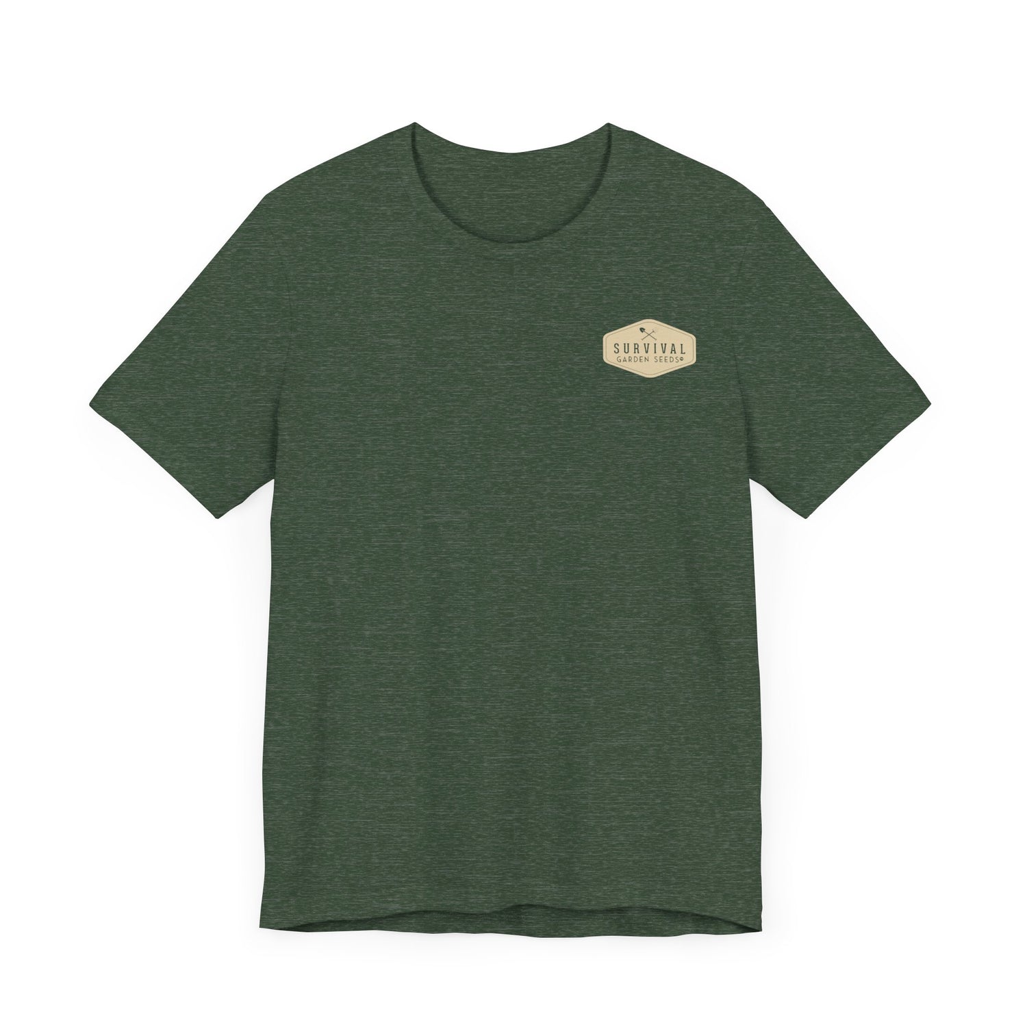 Get Back to Your Roots, Plant Native Tee - shirt front with Survival Garden Seeds logo - Heather Forest