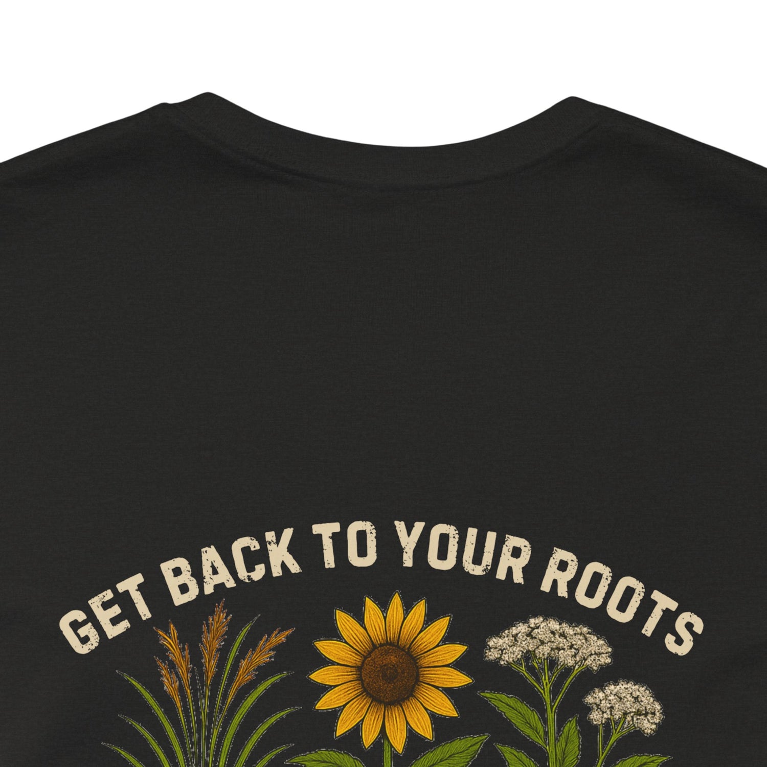 Get Back to Your Roots, Plant Native Tee - closeup of shirt back - Heather black