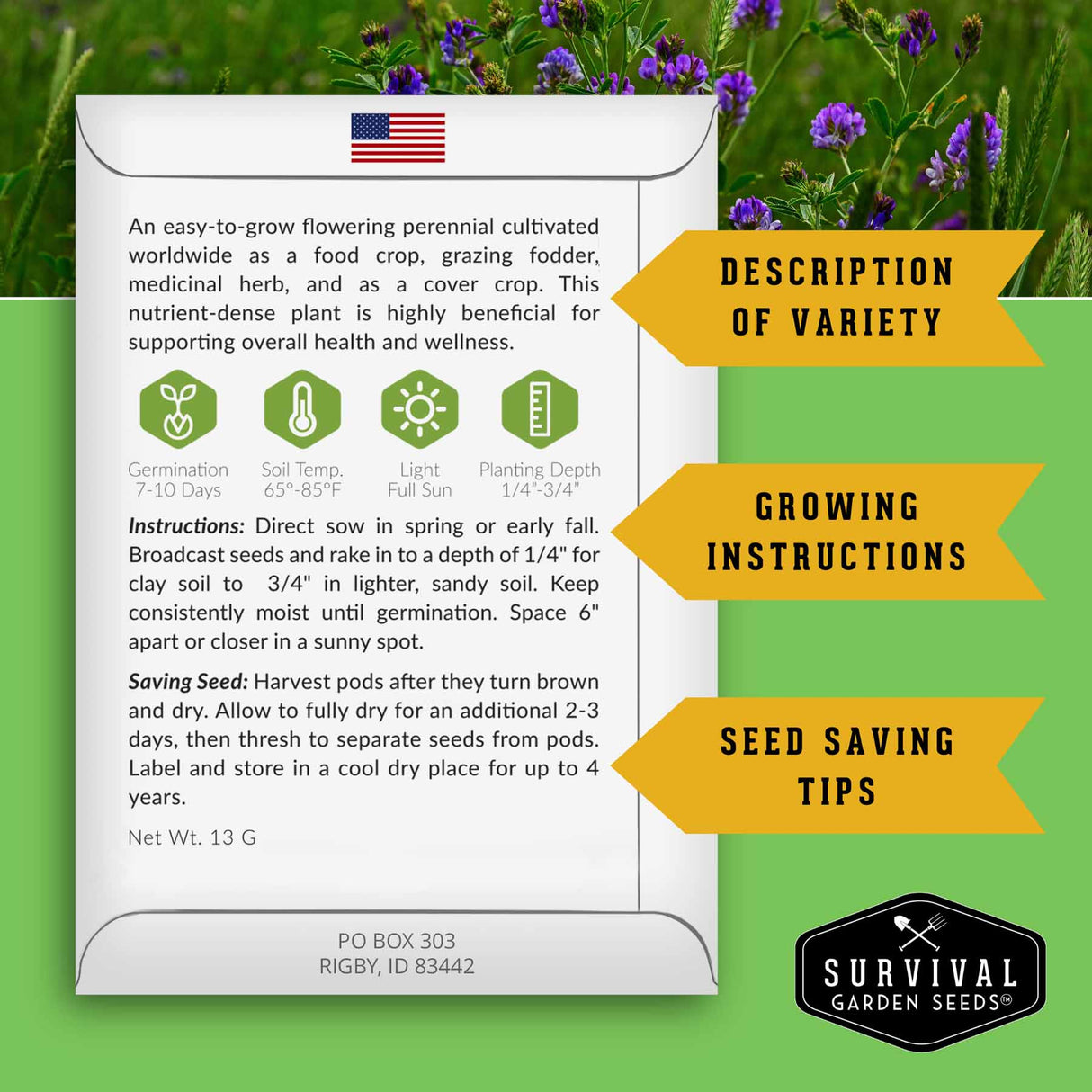 Informational back of seed packet with growing and seed saving instructions
