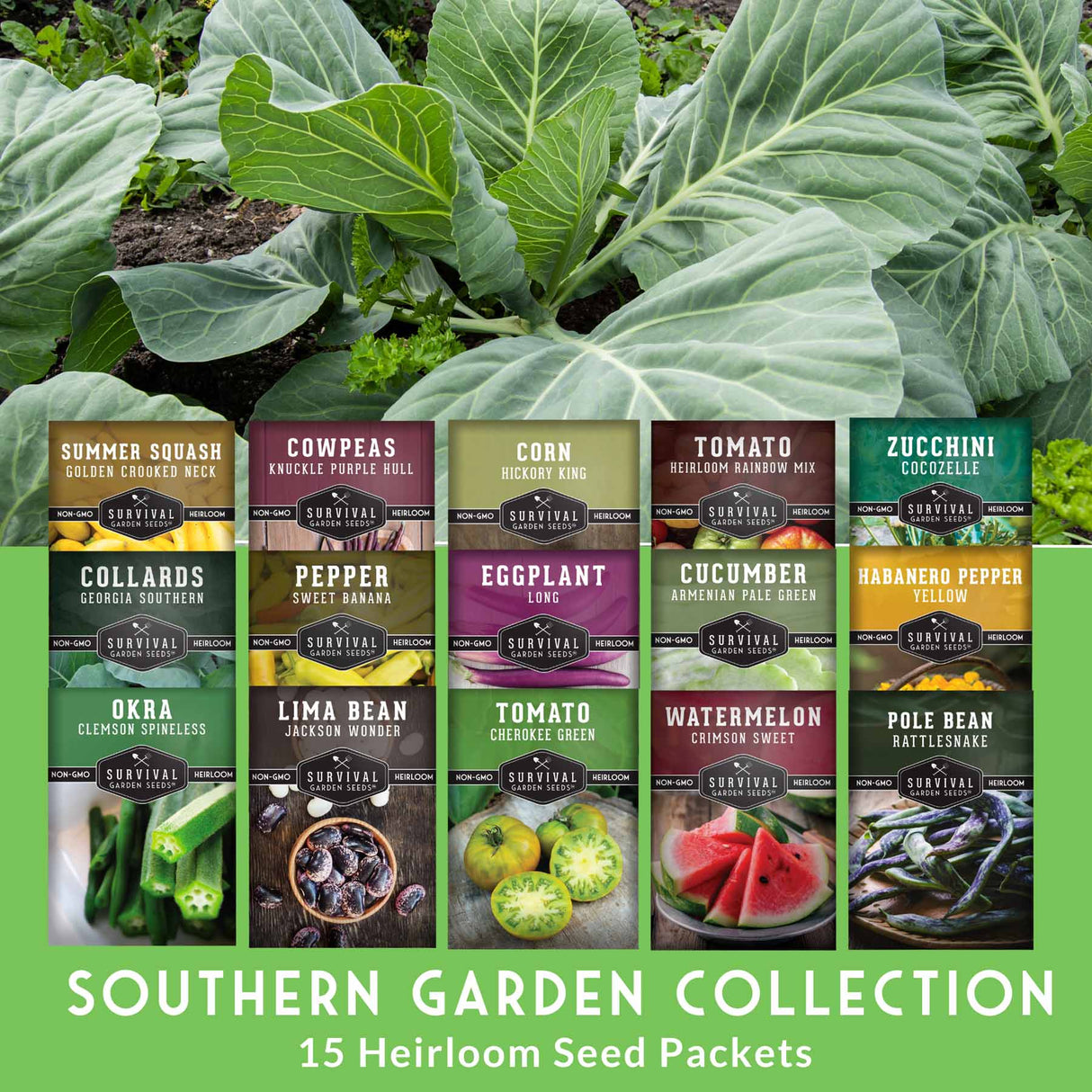 Collection of Southern Garden Collection seed packets with green leafy vegetables in the background.