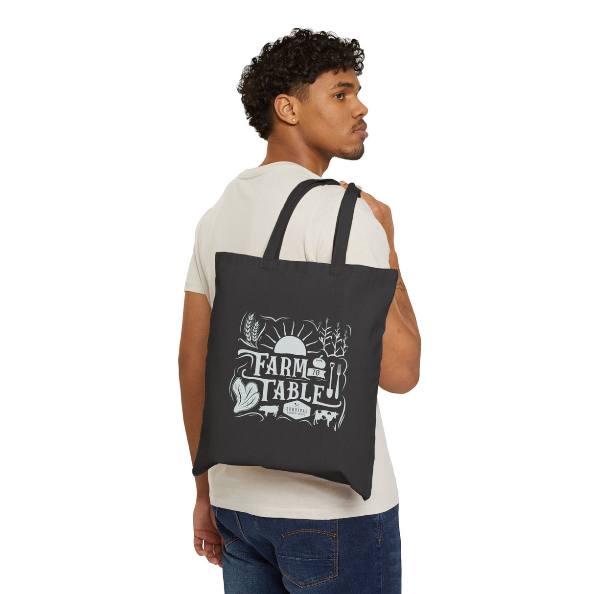 Black Cotton Canvas Tote Bag - "Farm to Table"