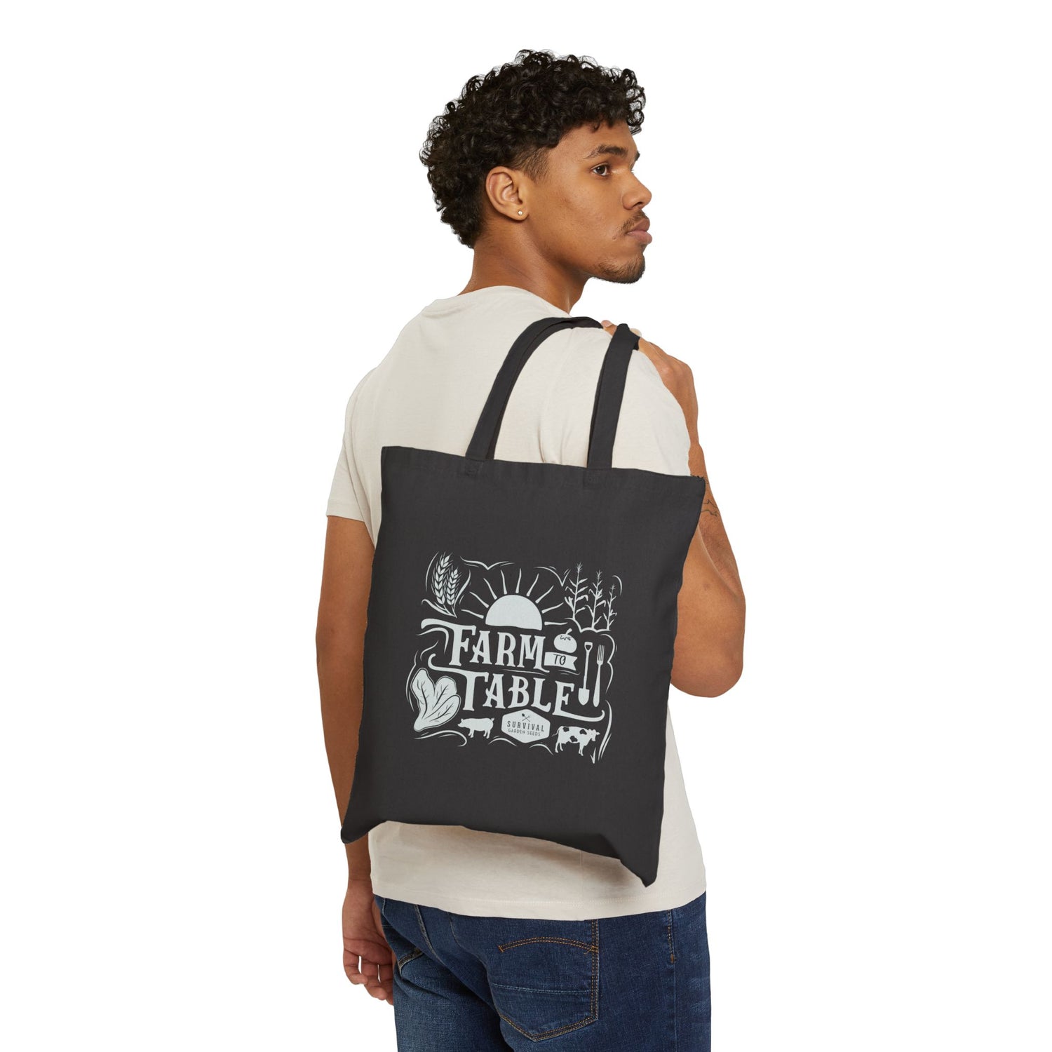 Black Cotton Canvas Tote Bag - "Farm to Table"