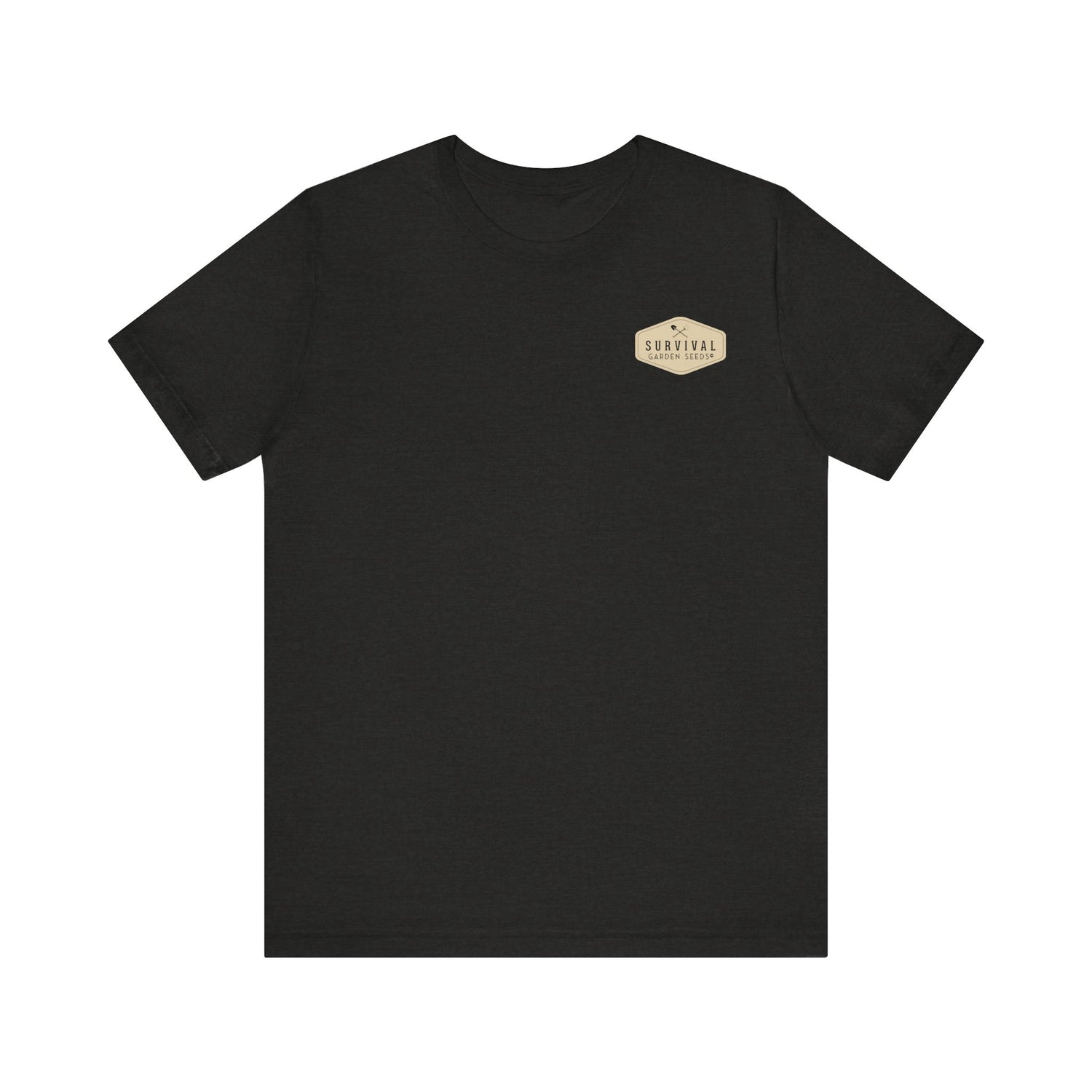 Get Back to Your Roots, Plant Native Tee - shirt front with Survival Garden Seeds logo - Heather Black