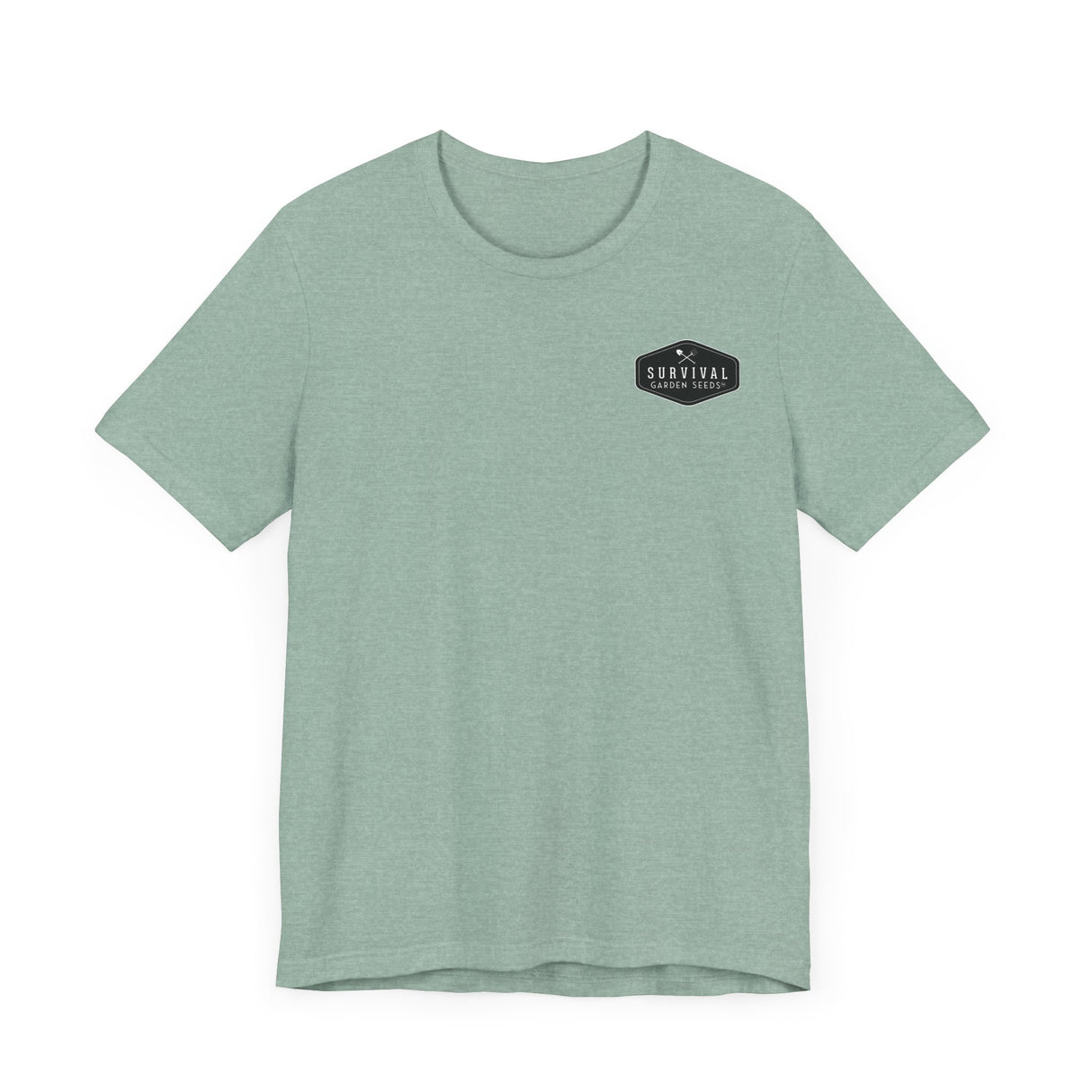 Get Back to Your Roots, Plant Native Tee - shirt front with Survival Garden seeds logo - Heather Dusty Blue
