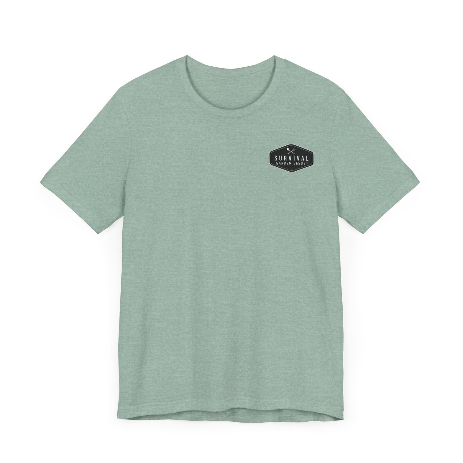 Get Back to Your Roots, Plant Native Tee - shirt front with Survival Garden seeds logo - Heather Dusty Blue