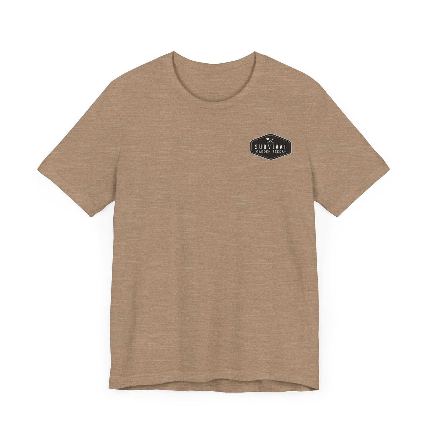 Get Back to Your Roots, Plant Native Tee - Shirt front with Survival Garden Seeds logo - Heather Tan