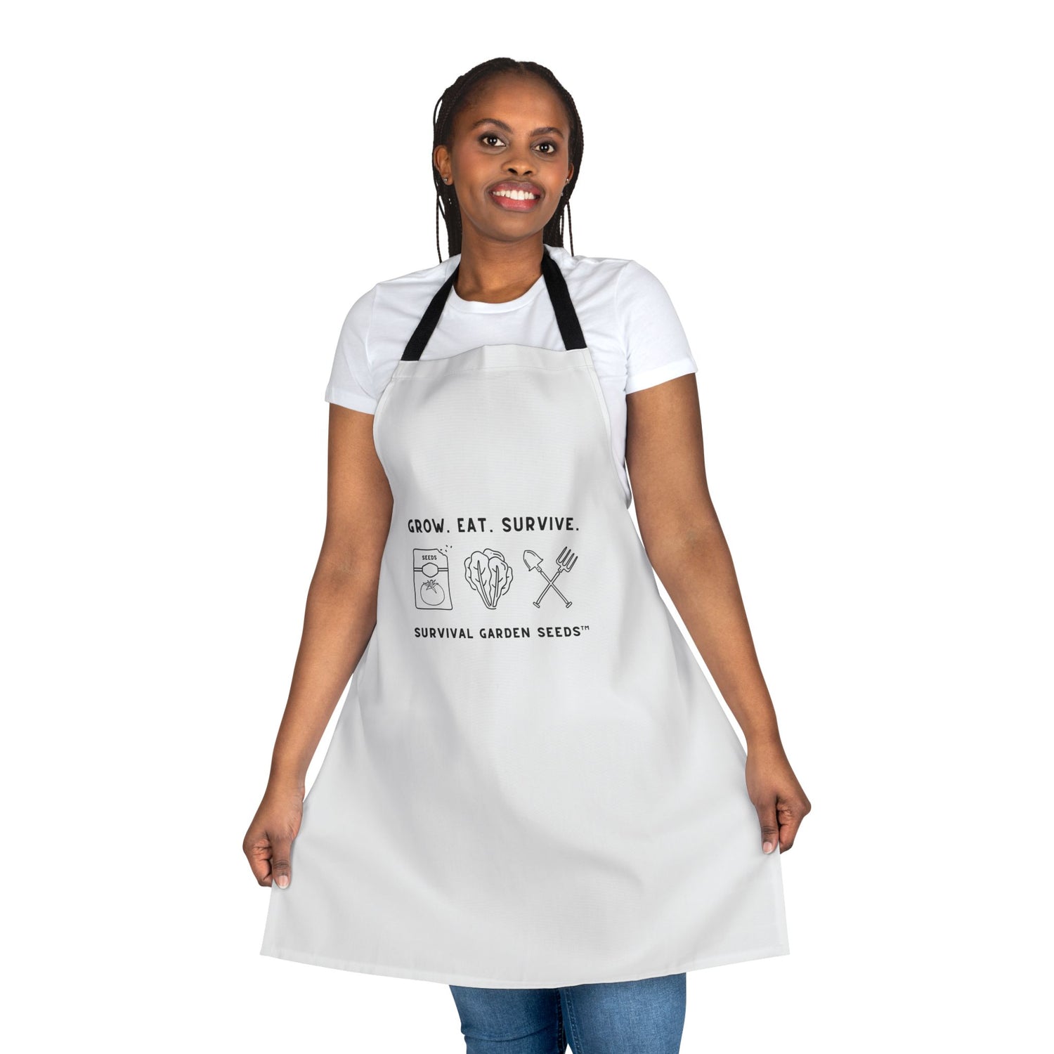Grow Eat Survive design Canvas apron on female model