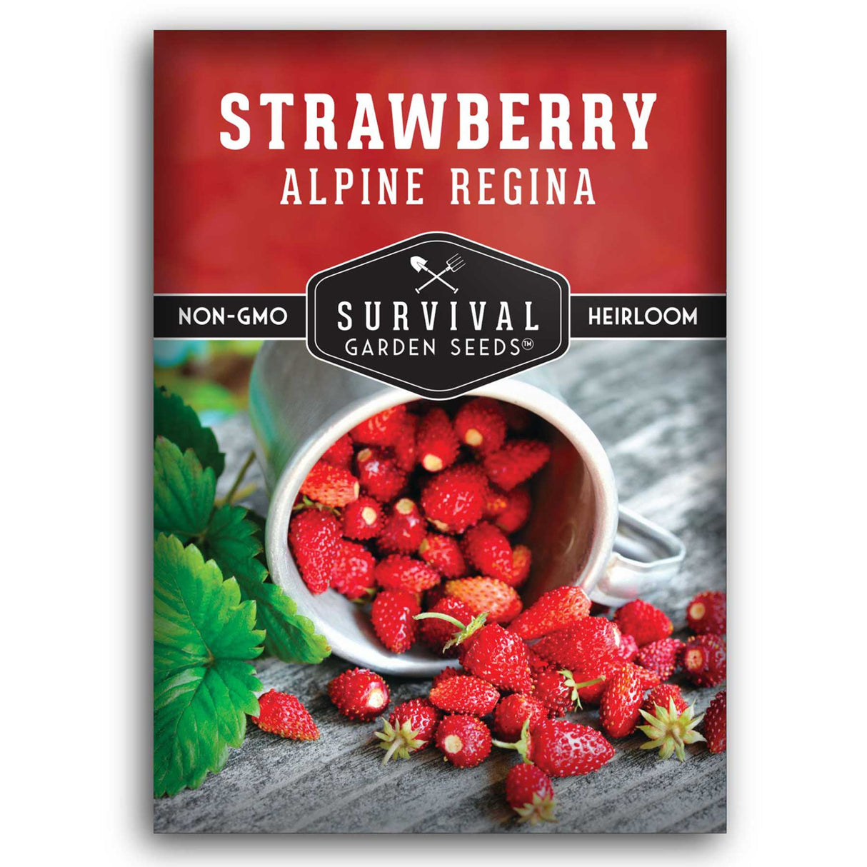 Strawberry Alpine Regina seed packet with 'Survival Garden Seeds' branding.