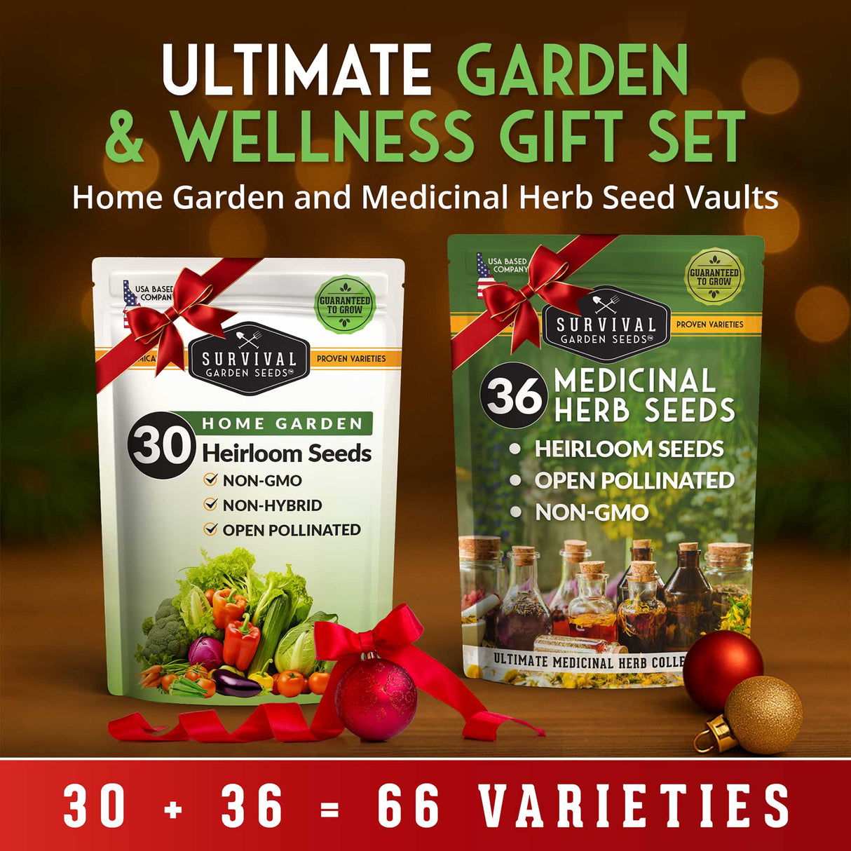 Two seed packets with ribbons on a wooden surface, labeled 'Home Garden' and 'Medicinal Herb', with a festive background.