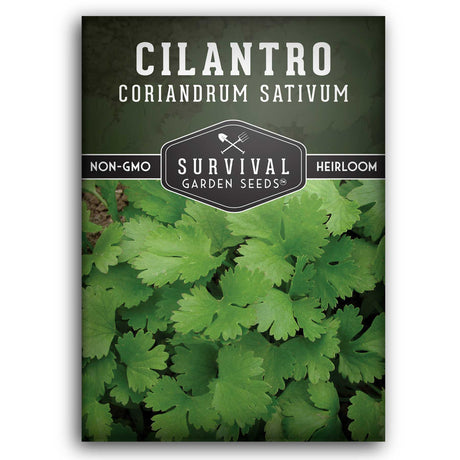 Survival Garden Seeds cilantro seed packet with green cilantro leaves on a dark background