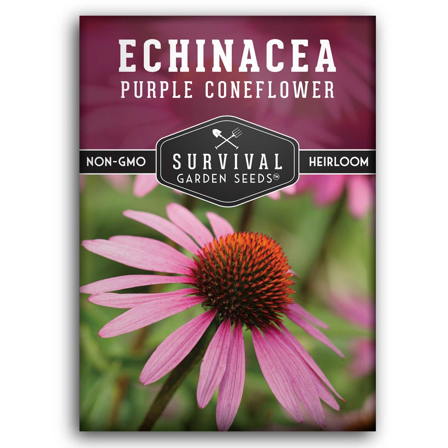 Survival Garden Seeds Echinacea Purple Coneflower seed packet with a pink flower on a white background
