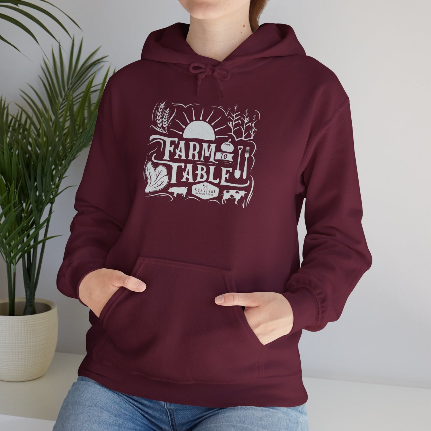 Farm to Table Unisex Hoodie - on female model - Maroon