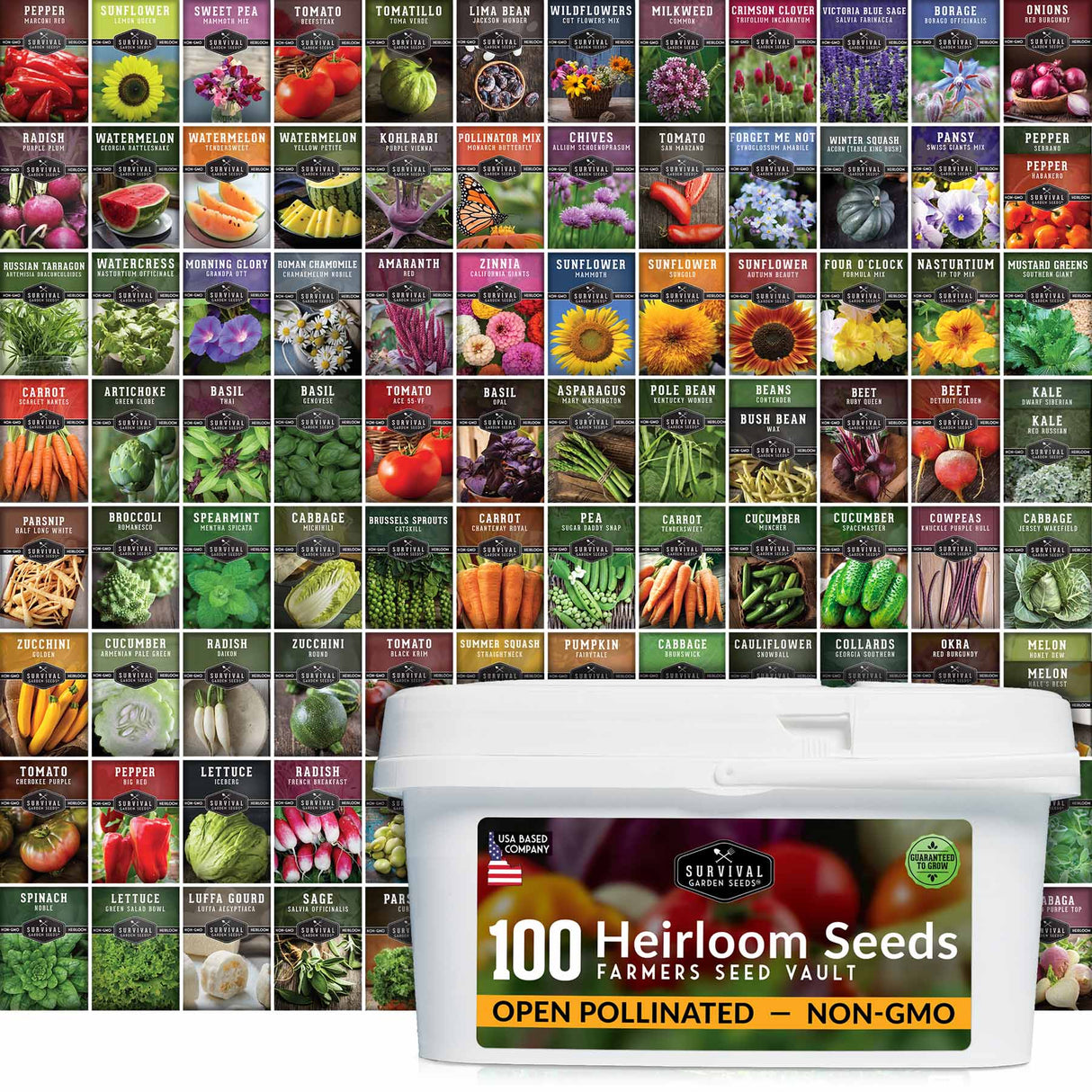 Farmers Survival Seed Vault - 100 Packets of Heirloom Garden Seeds