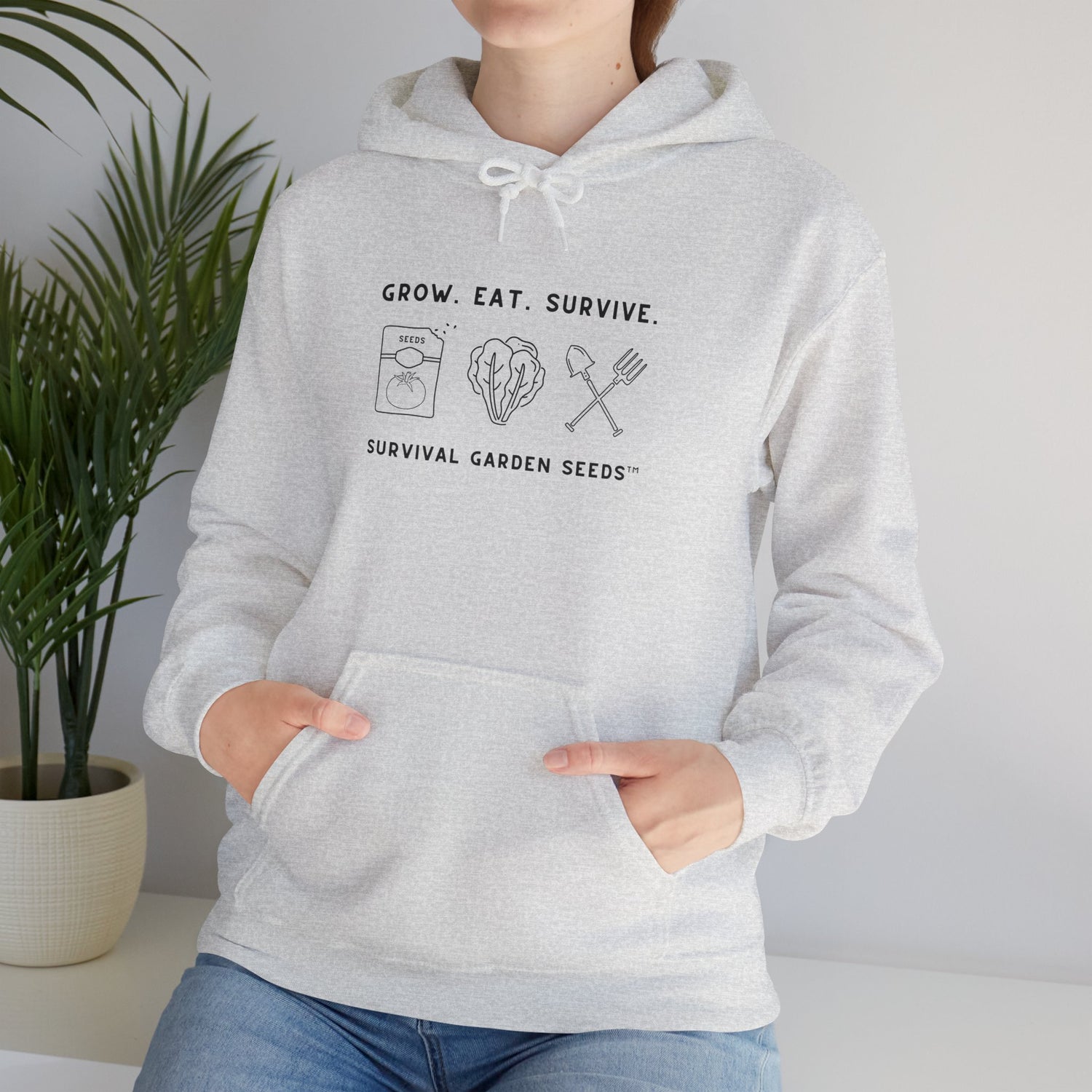 Grow, Eat, Survive Unisex Hoodie on female model - Ash