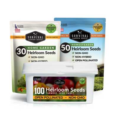 Three packages of Survival Garden Seed Company heirloom seeds on a white background