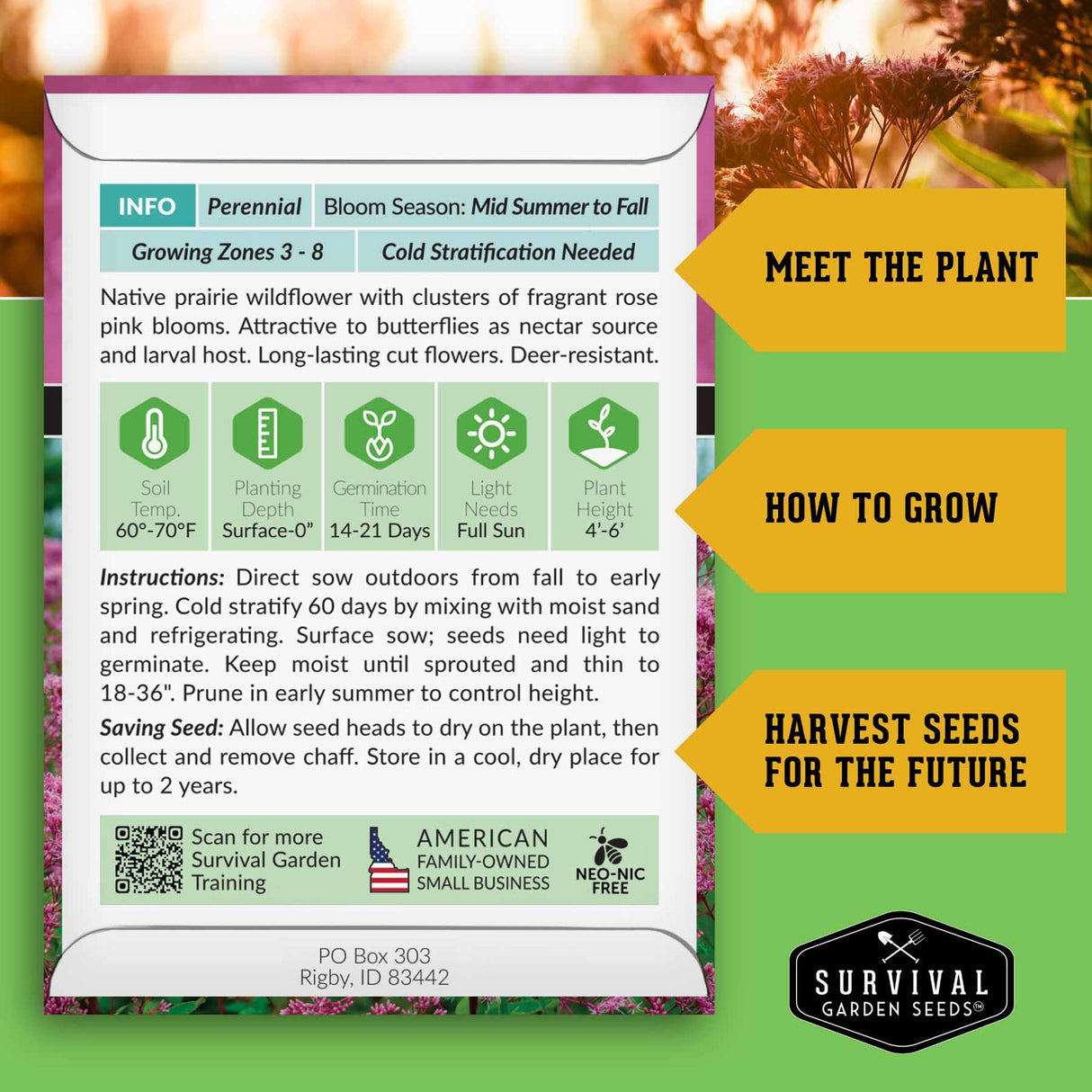 Survival Garden Seeds packaging with plant information and growing instructions.