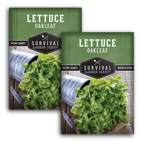 2 Packets of Survival Garden Seeds Oakleaf lettuce seeds on a white background