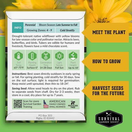 Survival Garden Seeds Maximilian Sunflower packaging with plant information and branding