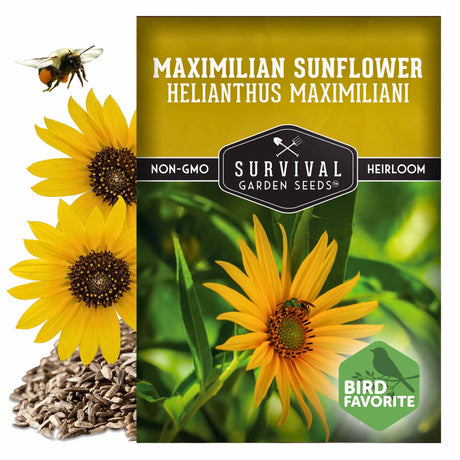 Survival Garden Seeds Maximilian Sunflower package with sunflowers and a bee on a white background