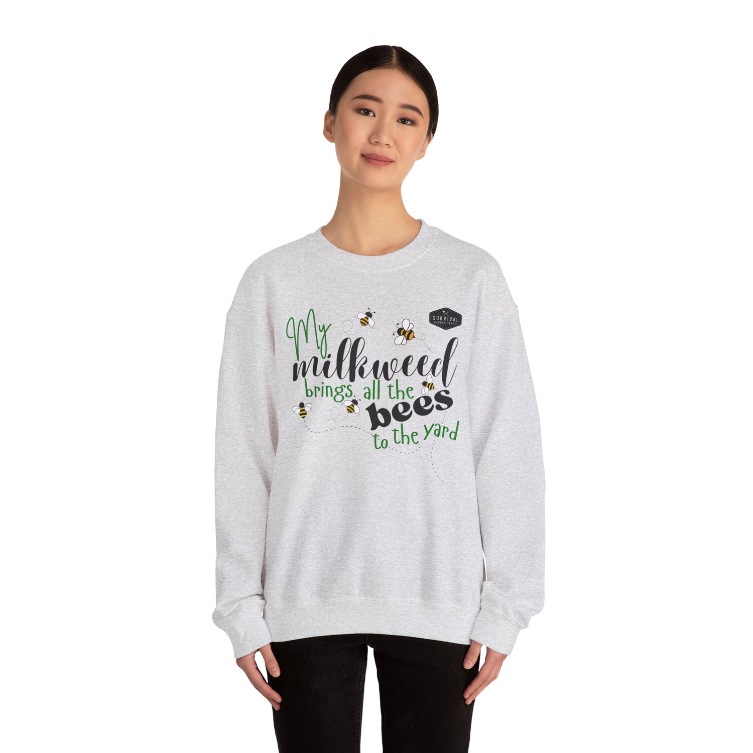 My Milkweeed Brings all the Bees to the Yard longsleeve sweatshirt shown on female model - Ash