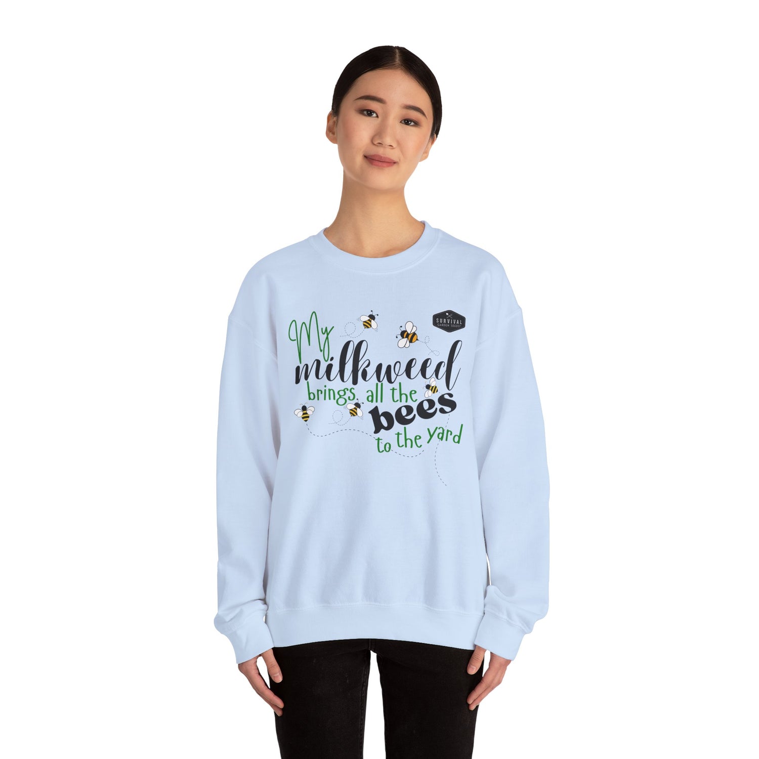 My Milkweeed Brings all the Bees to the Yard longsleeve sweatshirt shown on female model - Light Blue