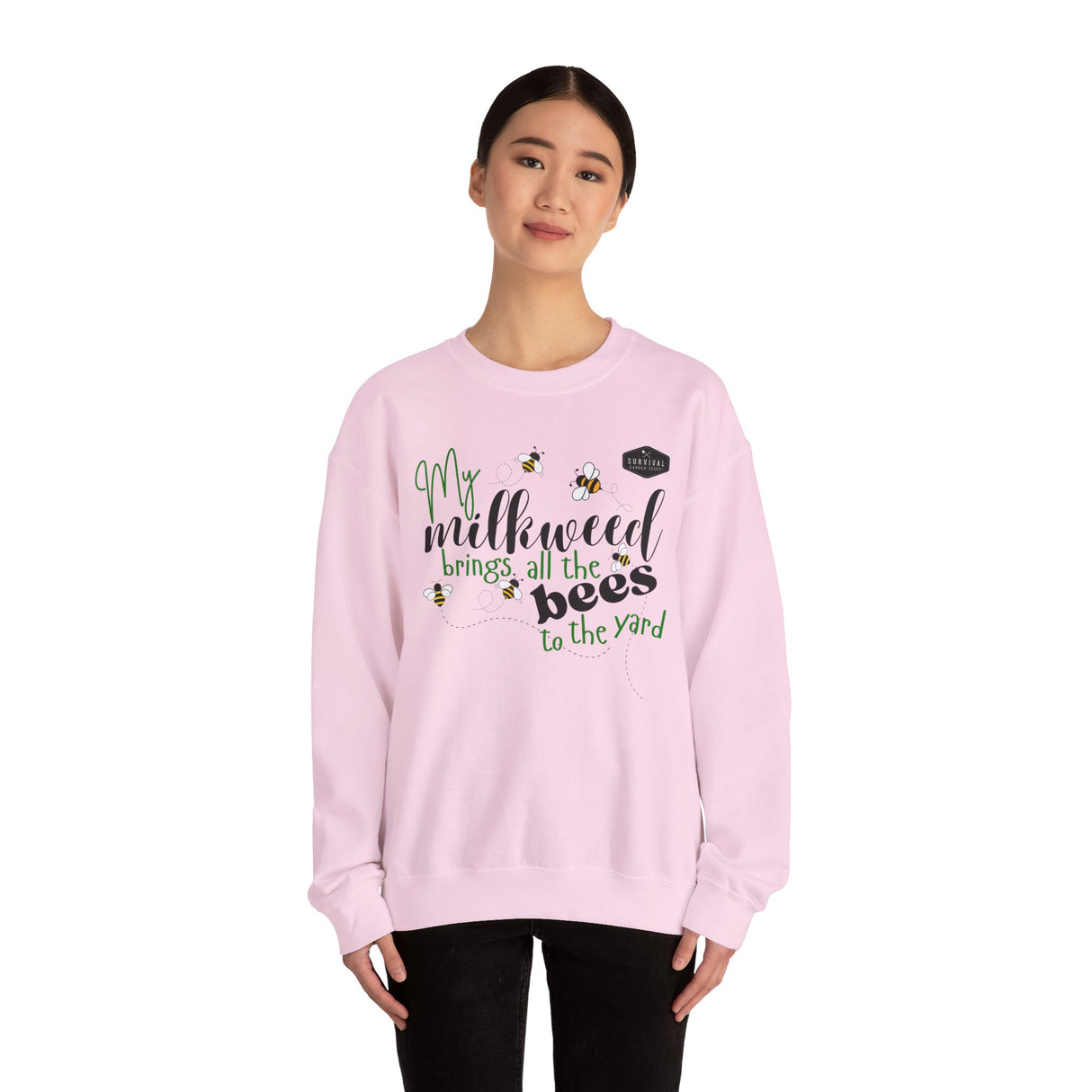 My Milkweeed Brings all the Bees to the Yard longsleeve sweatshirt shown on female model - Light Pink