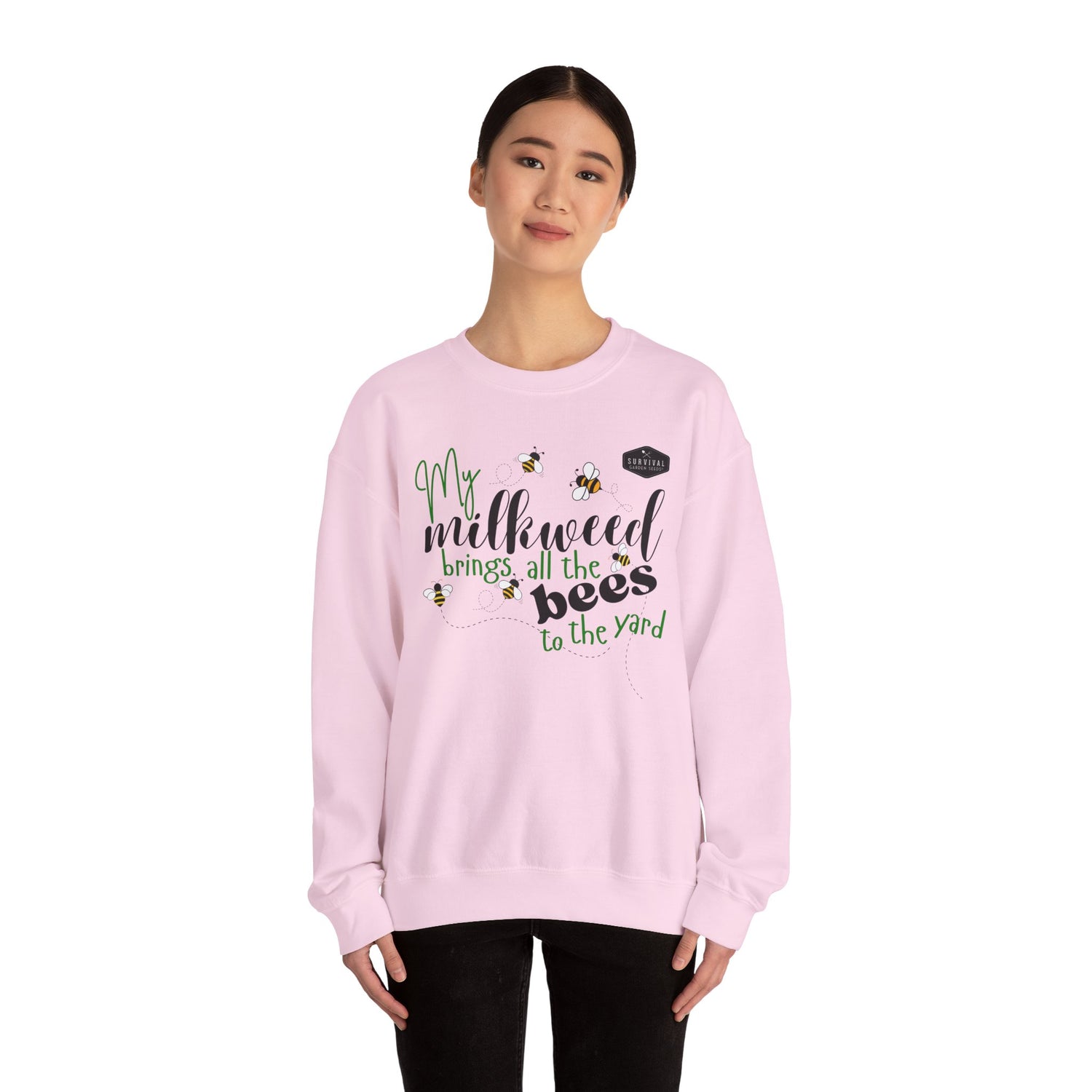 My Milkweeed Brings all the Bees to the Yard longsleeve sweatshirt shown on female model - Light Pink