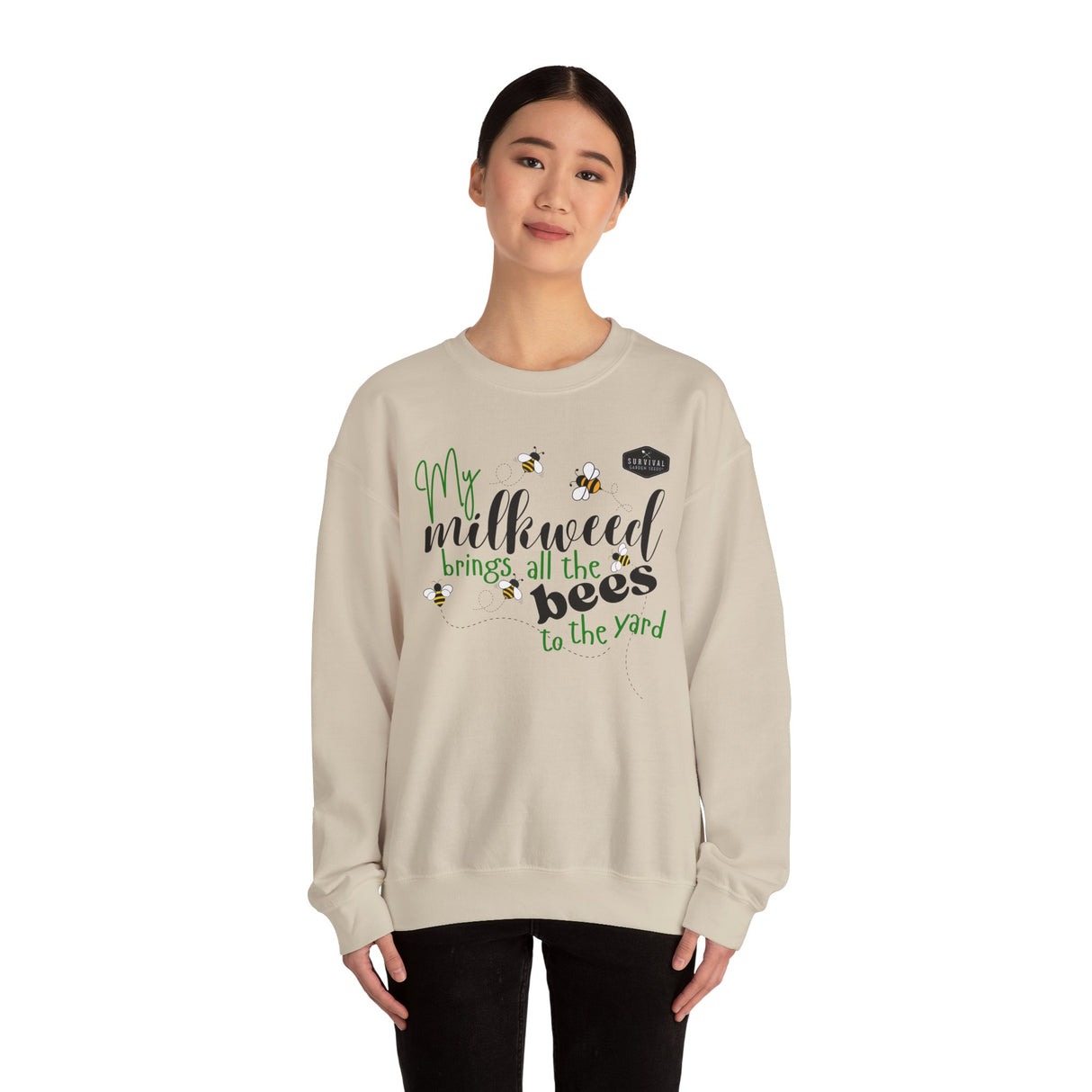 My Milkweeed Brings all the Bees to the Yard longsleeve sweatshirt shown on female model - Sand