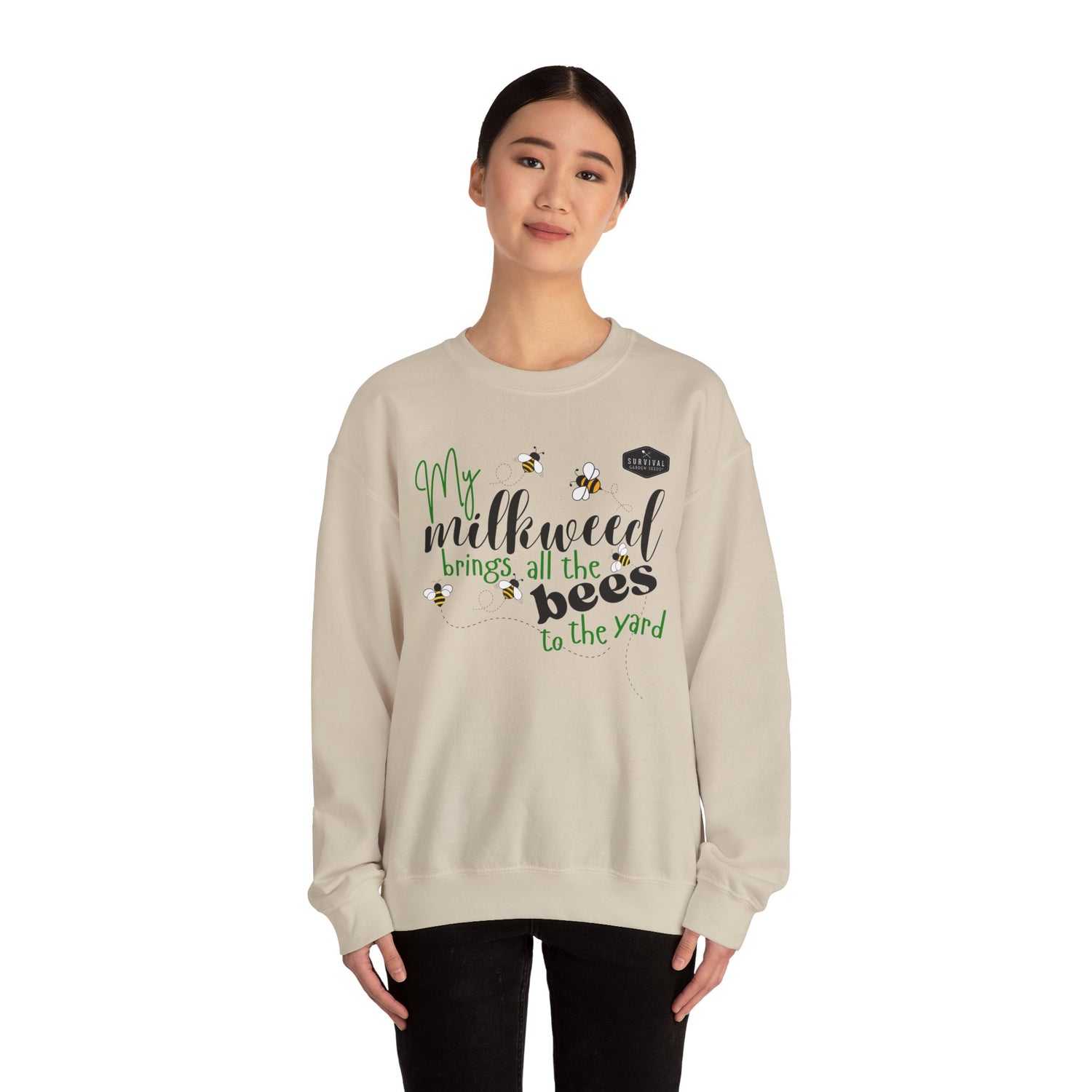 My Milkweeed Brings all the Bees to the Yard longsleeve sweatshirt shown on female model - Sand