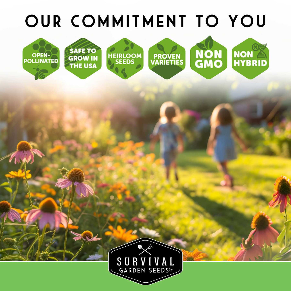 Children walking through a garden withSurvival Garden Seeds branding and commitment to organic and non-GMO seeds.