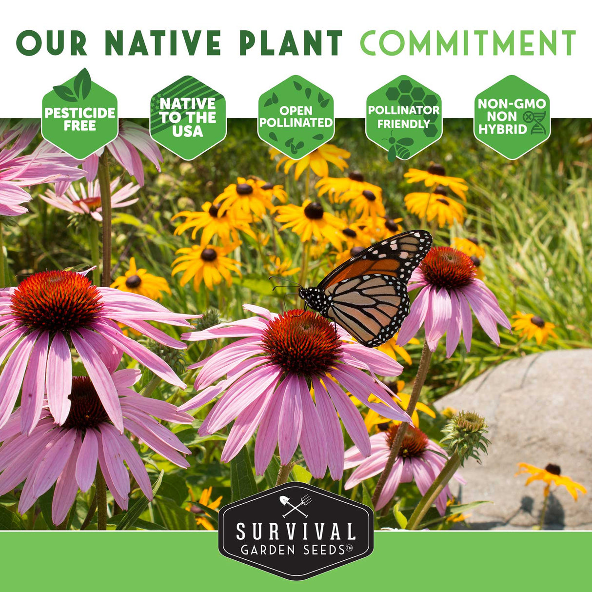 Survival Garden Seeds native plant commitment to pesticide free, open pollinated, non-GMO, non-hybrid USA native seeds