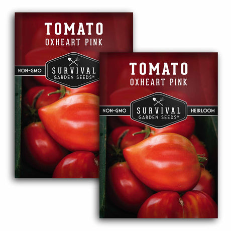 Two packages of Survival Garden Seeds Tomato Oxheart Pink on a white background