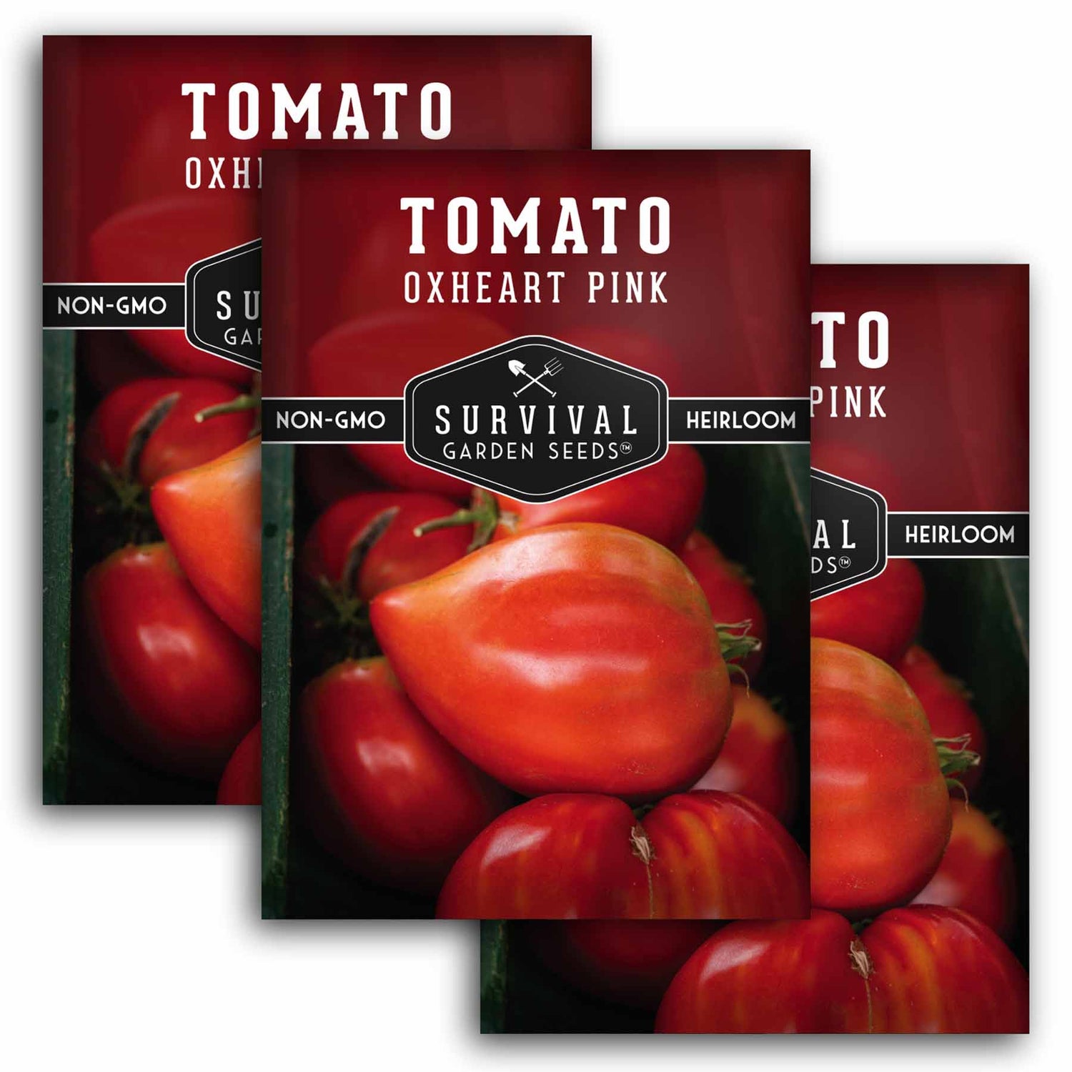 Three packages of Survival Garden Seeds Tomato Oxheart Pink on a white background
