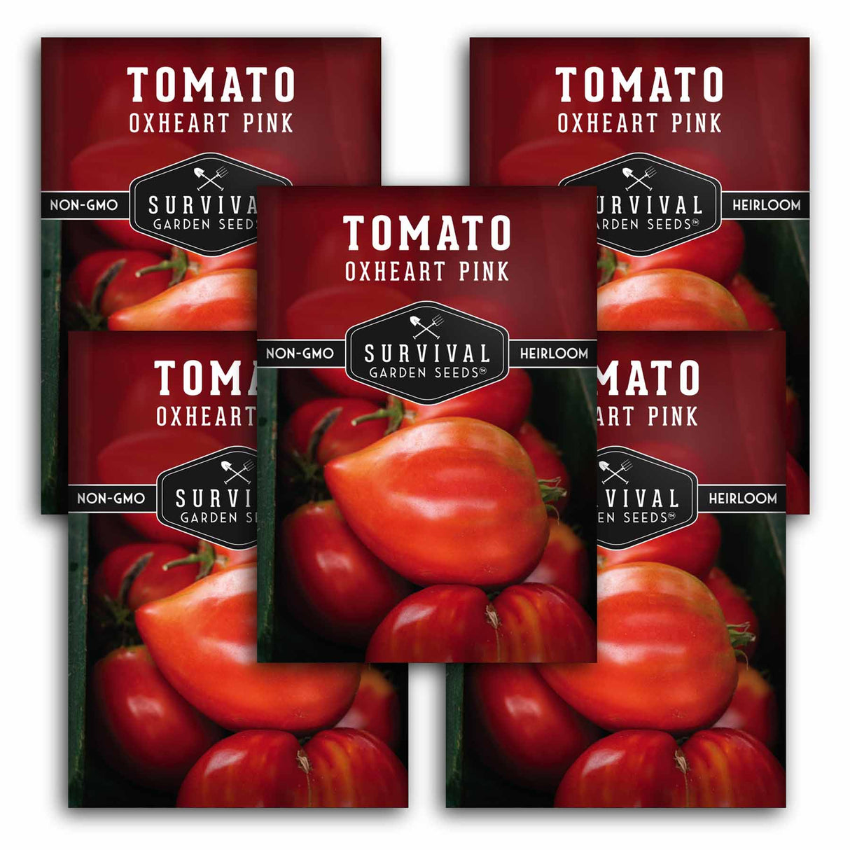 5 Survival Garden Seeds Tomato Oxheart Pink packages with tomatoes in the background