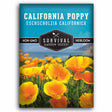 Survival Garden Seeds California Poppy seed packet with a field of yellow flowers on a blue background.