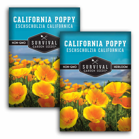 Two packages of Survival Garden Seeds California Poppy seeds with images of poppies on a white background.