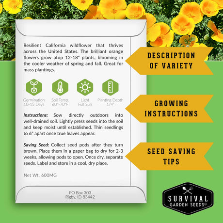 Seed packet with growing instructions and survival garden seeds logo on a green background with flowers.