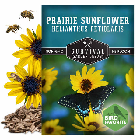 Survival Garden Seeds prairie sunflower package with flowers, seeds, and a butterfly.