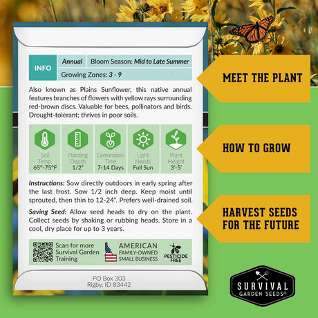 Survival Garden Seeds packaging for Plains Sunflower with plant information and branding.