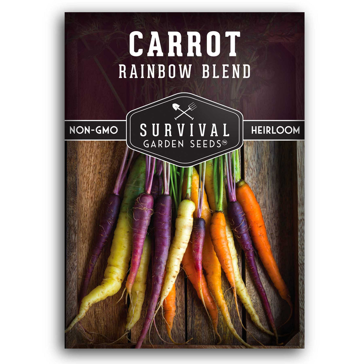 Survival Garden Seeds carrot rainbow blend package on a white background