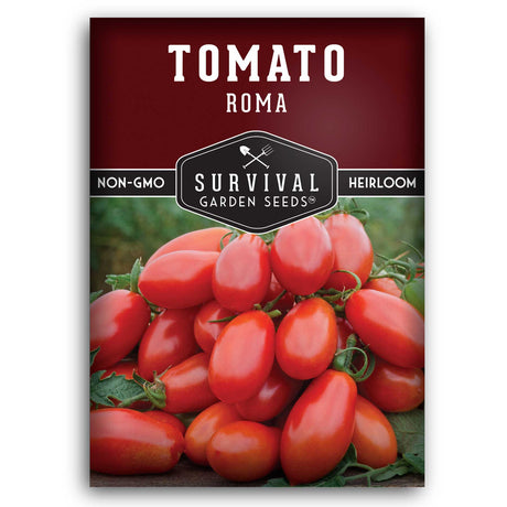 Survival Garden Seeds Tomato Roma seed packet with red tomatoes on a dark background