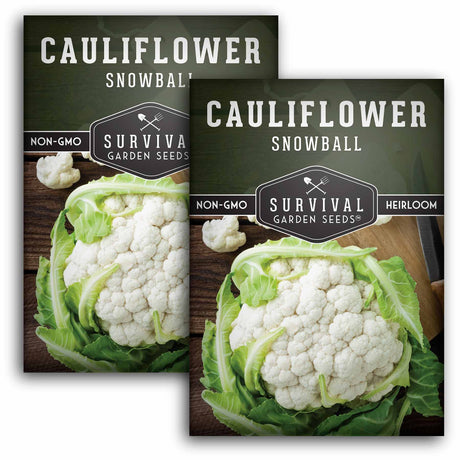 Two packages of Survival Garden Seeds Cauliflower Snowball on a white background